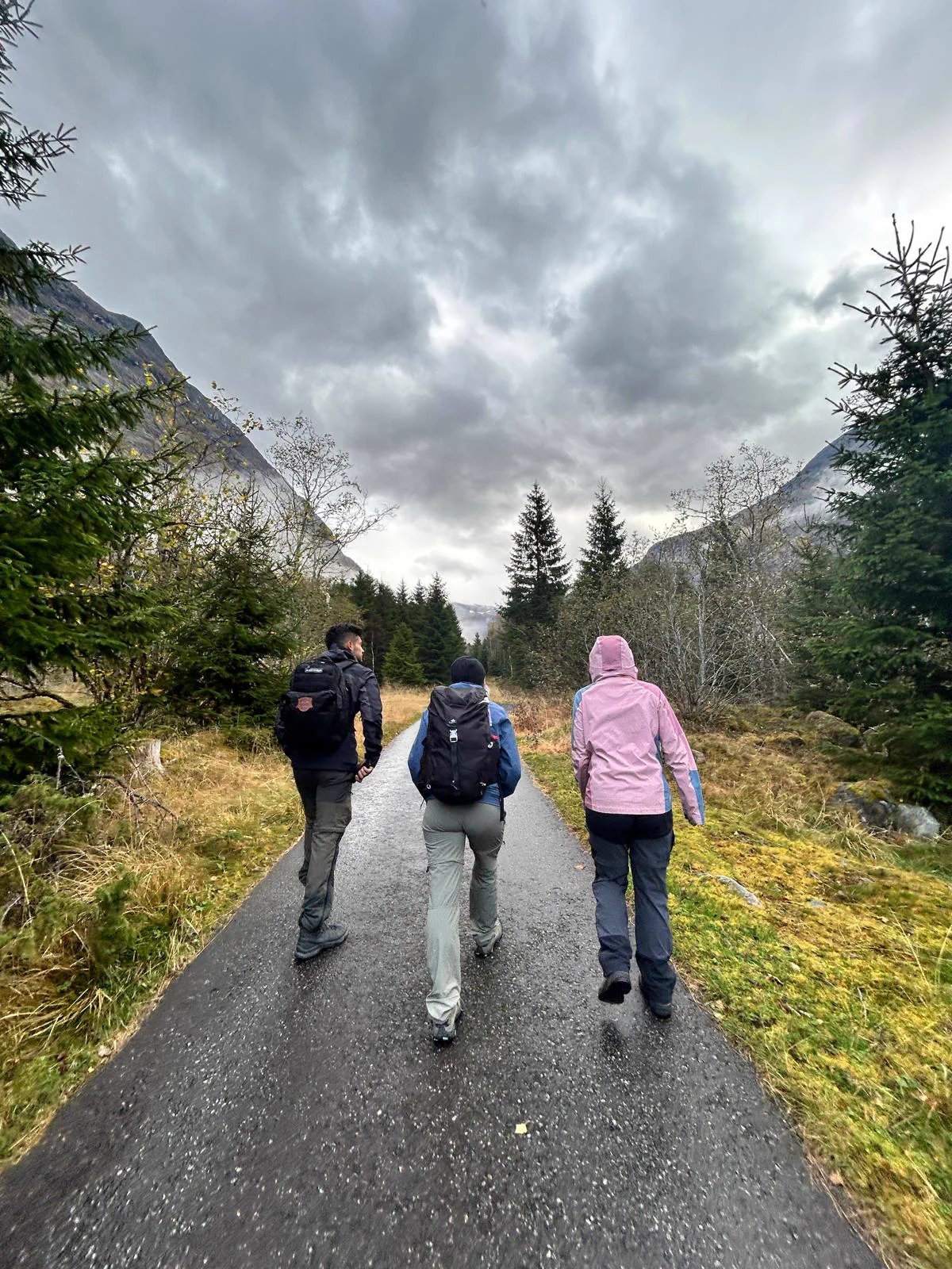 Three members of the group walk along the access road