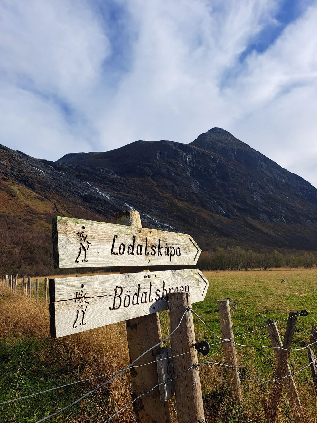 Signs towards Lodalskåpa and Bødalsbreen beside the trail