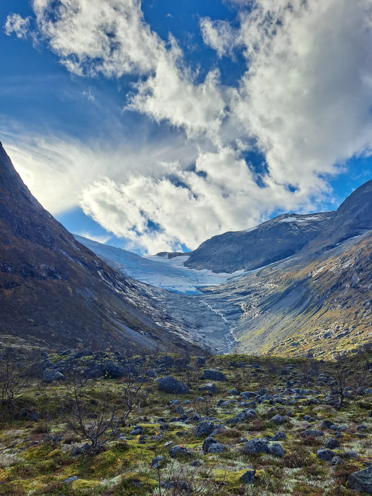 Bødalen valley with a glacier formation between the mountains