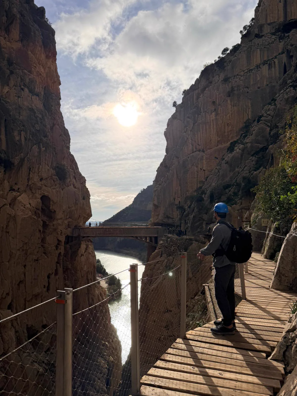 Caminito del Rey bridge between rock walls in the late light
