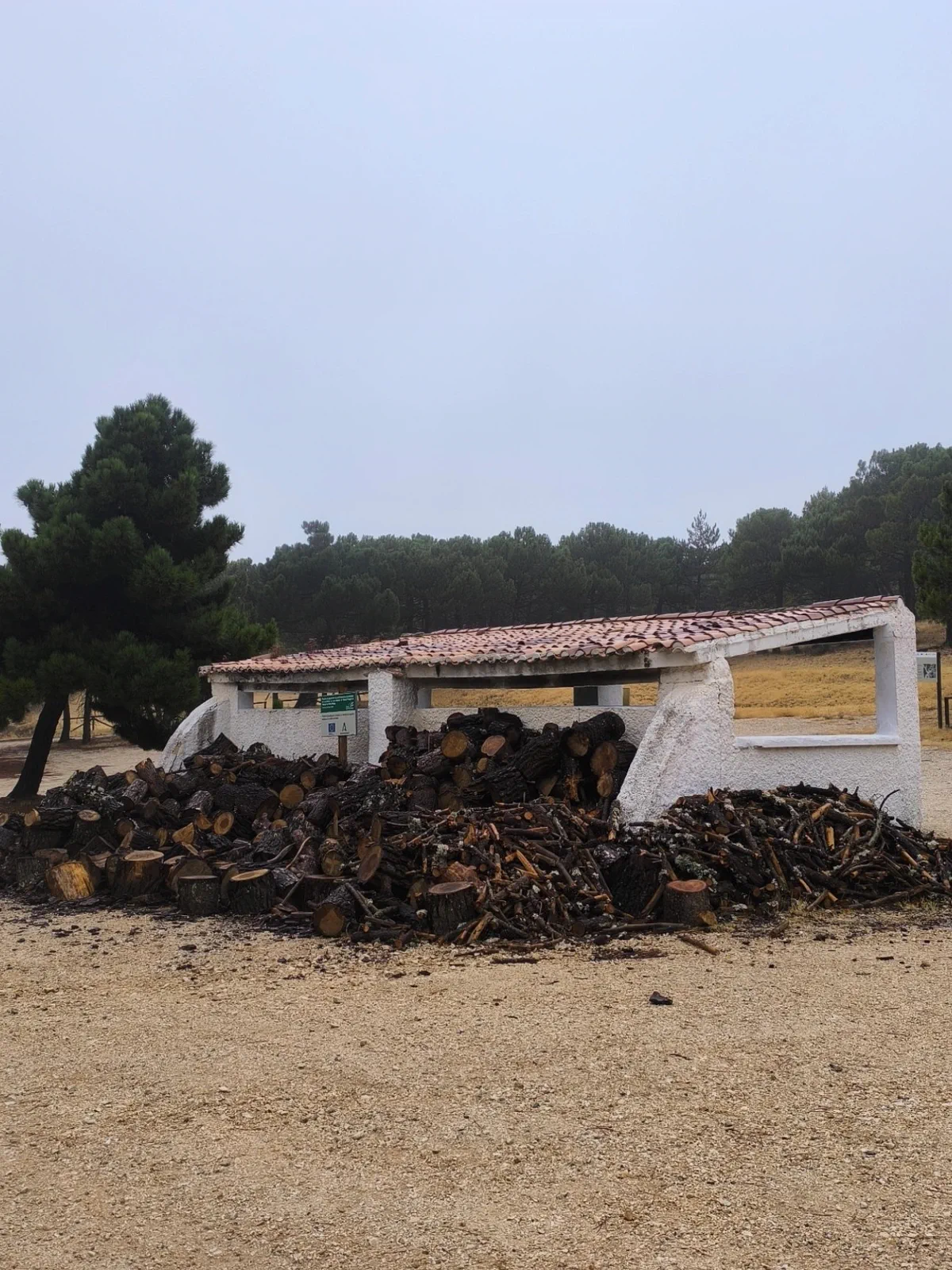 White shelter and stacked wood in the Quejigales area