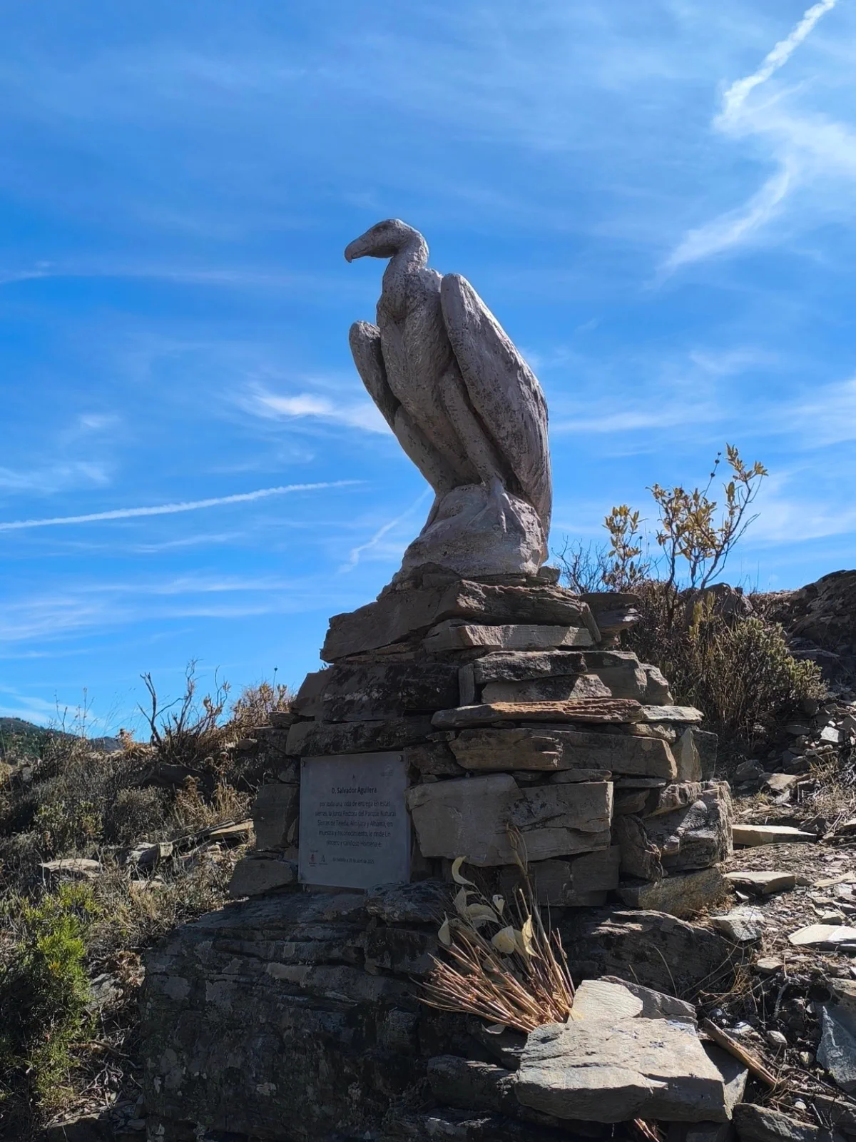 Vulture sculpture on a stone pedestal beside the route